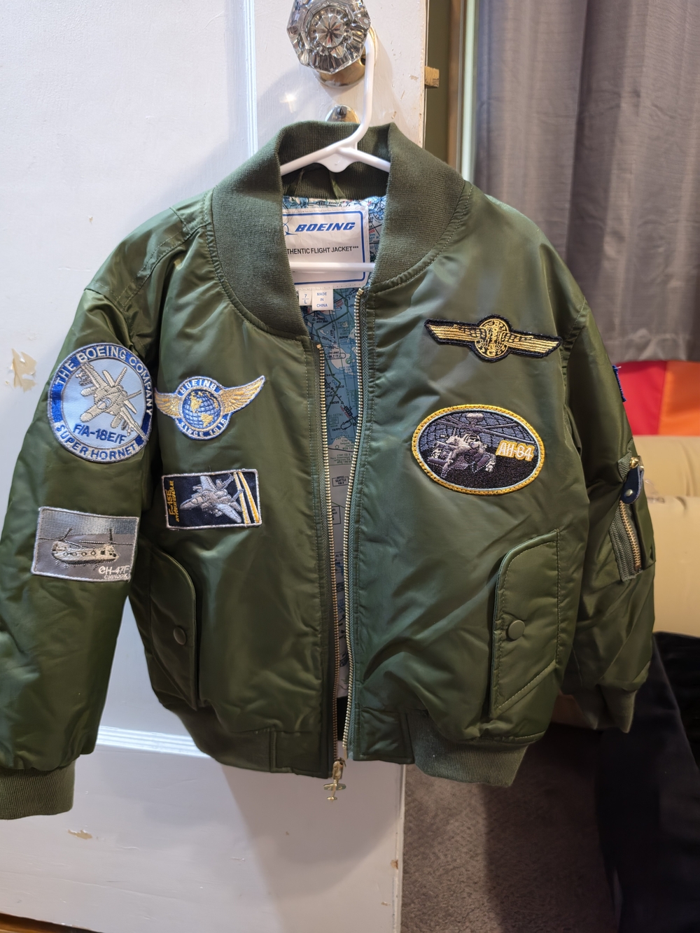 Boeing Olive Green Flight Airplane Jet Bomber Jacket with Patch Details For Kids